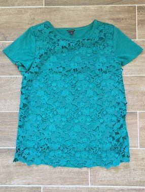 Ann Taylor Emerald Green Floral Lace Layered Short-Sleeve Top XS